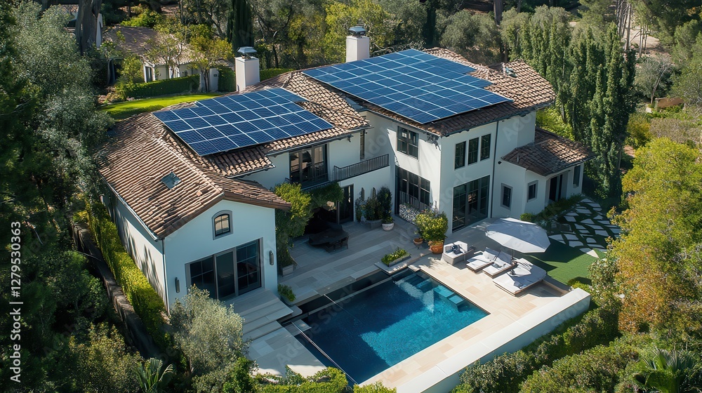Modern eco-friendly house with solar panels and swimming pool in a serene neighborhood Modern eco-friendly house with solar panels and swimming pool in a serene neighborhood