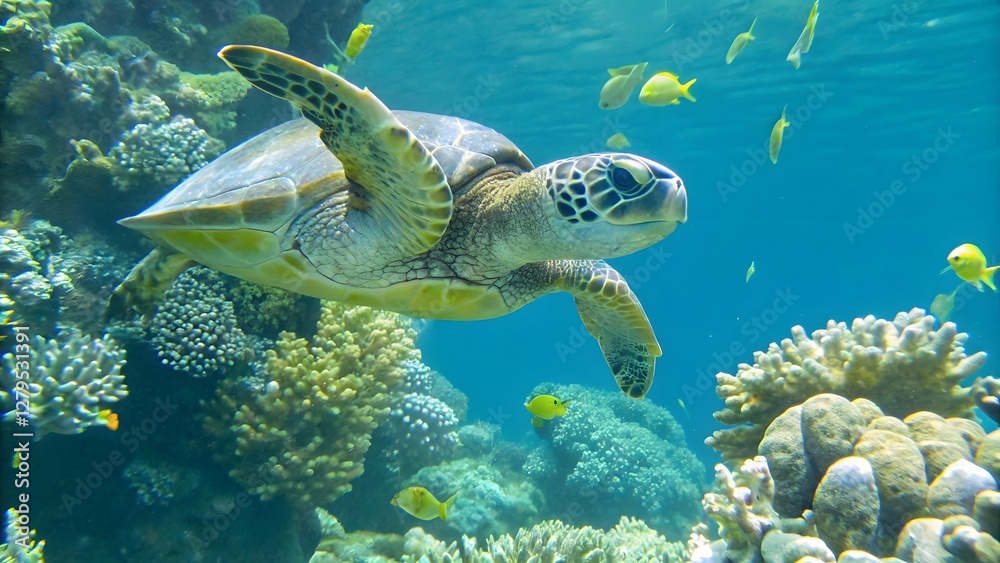 Obraz premium A sea turtle swimming gracefully through clear blu
