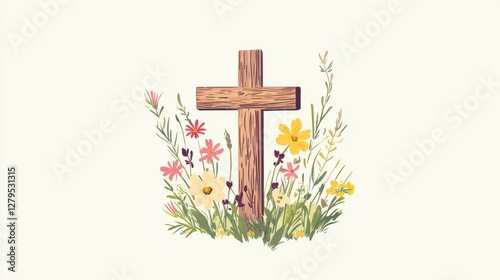 flat rustic, earthy illustration of a wooden cross adorned with wildflowers growing around the base, symbolizing both faith and nature's renewal in spring. 