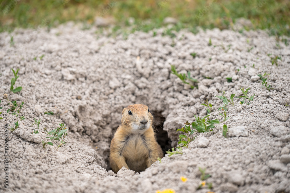 prairie dog peeking out of an underground hole to it's home prairie dog peeking out of an underground hole to it's home