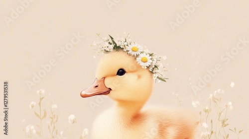 flat soft and gentle illustration of a adorable duckling close-up wearing a small floral wreath on head made of spring flowers such as daisies