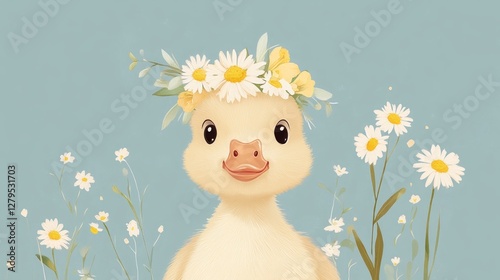 flat soft and gentle illustration of a adorable duckling close-up wearing a small floral wreath on head made of spring flowers such as daisies 