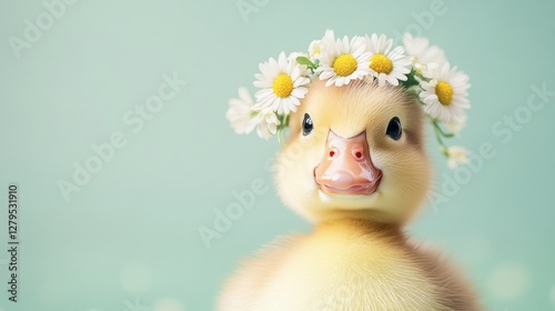flat soft and gentle illustration of a adorable duckling close-up wearing a small floral wreath on head made of spring flowers such as daisies on pastel light grassy green background 