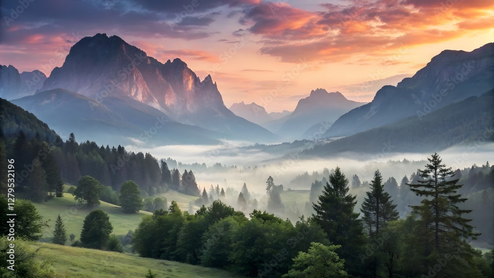 Fototapeta premium Breathtaking mountain landscape with misty sunrise