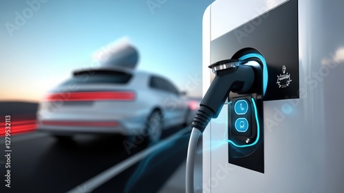 Electric vehicle charging station urban environment technology content modern setting dynamic view sustainable future