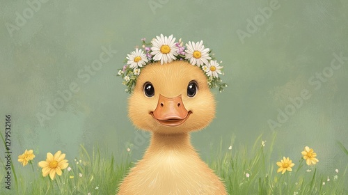 flat soft and gentle illustration of a adorable duckling close-up wearing a small floral wreath on head made of spring flowers such as daisies on pastel light grassy green background 