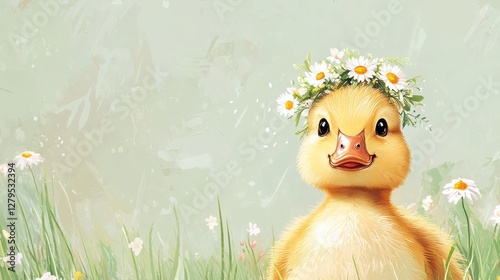 flat soft and gentle illustration of a adorable duckling close-up wearing a small floral wreath on head made of spring flowers such as daisies on pastel light grassy green background 
