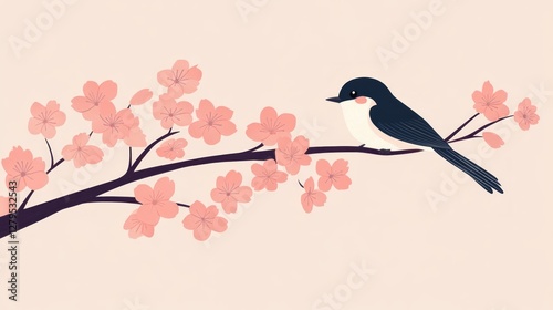 flat soft gentle minimalistic illustration of small cute bird on small blossoming pink sakura branch 