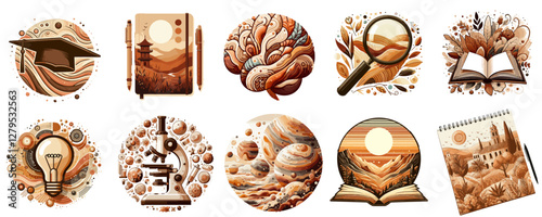 Collection of vector icons on a transparent background featuring themes of education, nature, and creativity