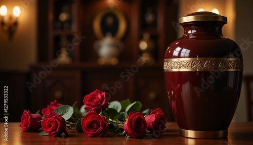 Elegant urn with red roses on wooden table