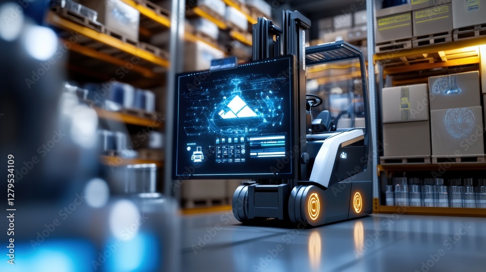 Automated forklift revolutionizing warehouse operations high-tech warehouse technology industrial setting close-up view innovation in logistics Automated forklift revolutionizing warehouse operations high-tech warehouse technology industrial setting close-up view innovation in logistics