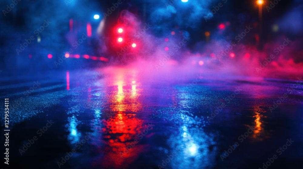 Wet asphalt, reflection of neon lights, a searchlight, smoke. Abstract light in a dark empty street with smoke, smog. Dark background scene of empty street, night view, night city. Wet asphalt, reflection of neon lights, a searchlight, smoke. Abstract light in a dark empty street with smoke, smog. Dark background scene of empty street, night view, night city.