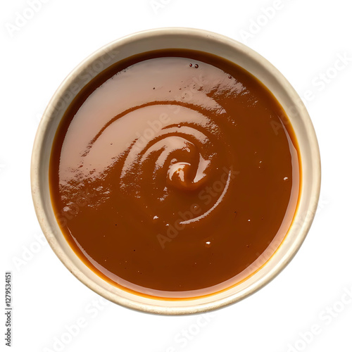 Brown gravy in a bowl top view transparent background PNG 