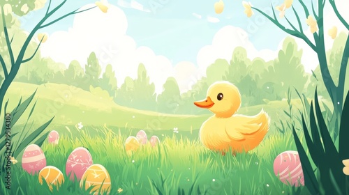 flat soft illustration of playful scene where little duckling wondering in grass meadow with hidden Easter eggs 
