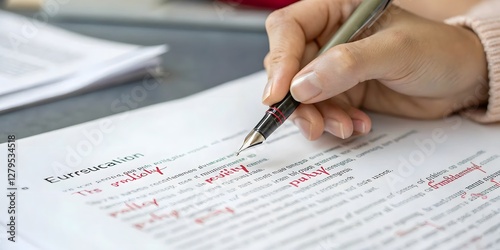 The Art of Revision: A close-up captures a hand meticulously revising written text, employing a pen to make corrections and edits on a page filled with meticulous notes. photo