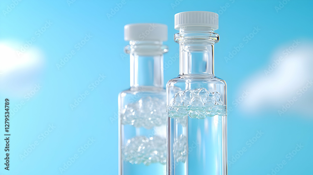 Clear vials filled with small spheres against a blue sky Clear vials filled with small spheres against a blue sky