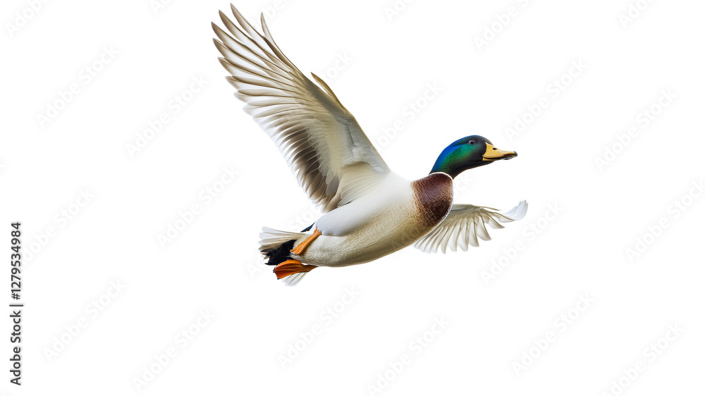 Obraz premium Mallard duck flying gracefully in open sky