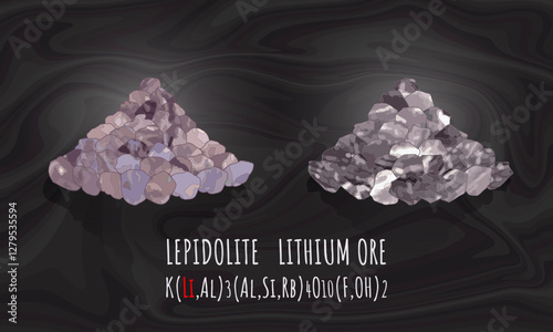 Vector drawing LEPIDOLITE. Hand drawn illustration. LITHIUM ORE. Lithium-containing mineral.
