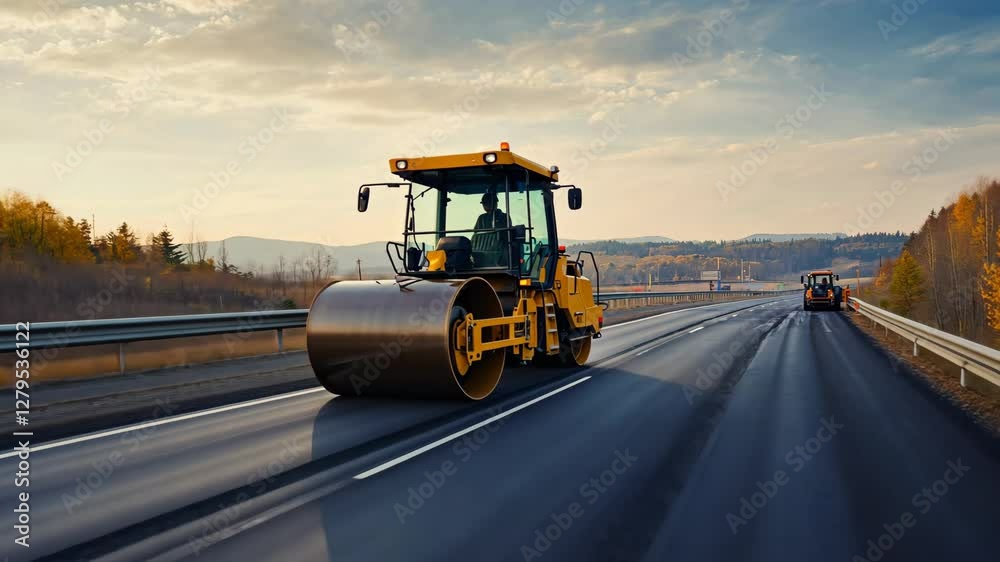 Road construction activity in a scenic landscape with heavy machinery during sunset hours Road construction activity in a scenic landscape with heavy machinery during sunset hours