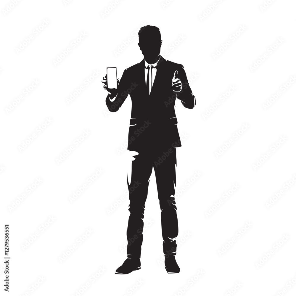 Busines man is holding mobile phone and showing its screen, with his other hand he gives thumbs up. Isolated vector silhouette, high contrast illustration Busines man is holding mobile phone and showing its screen, with his other hand he gives thumbs up. Isolated vector silhouette, high contrast illustration