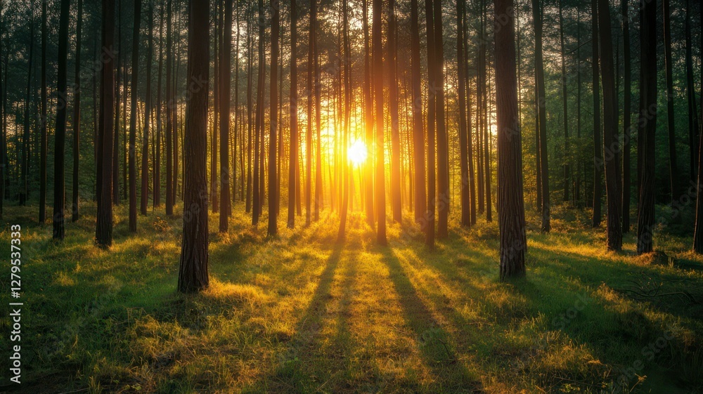Fototapeta premium Stunning image of sunset in a forest created with Generative AI