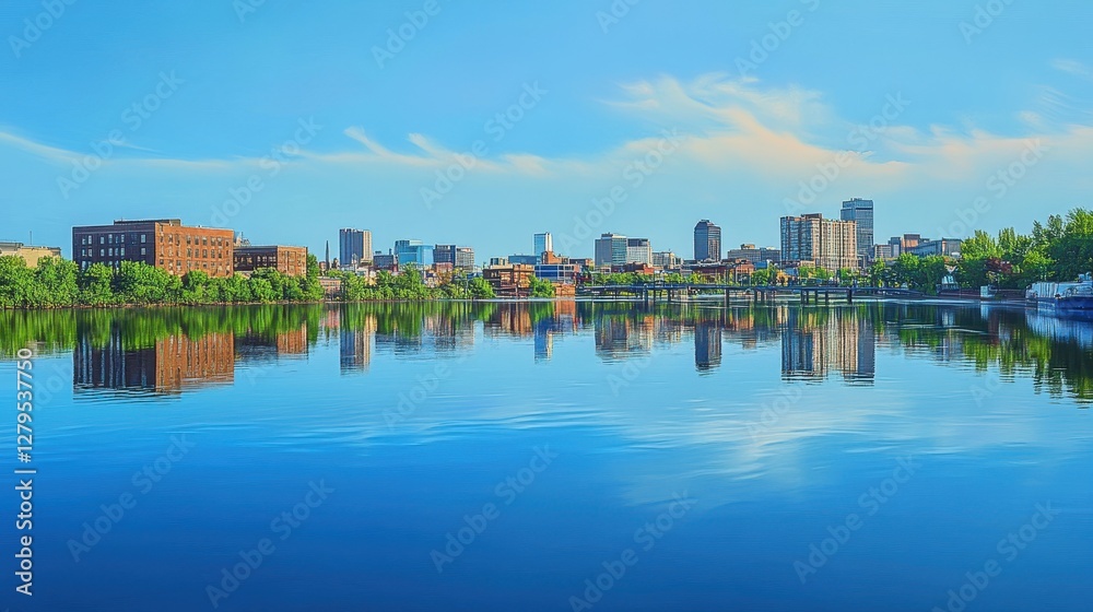 Obraz premium Daytime Cityscape of Minneapolis: Urban Skyline Reflected in the Mississippi River