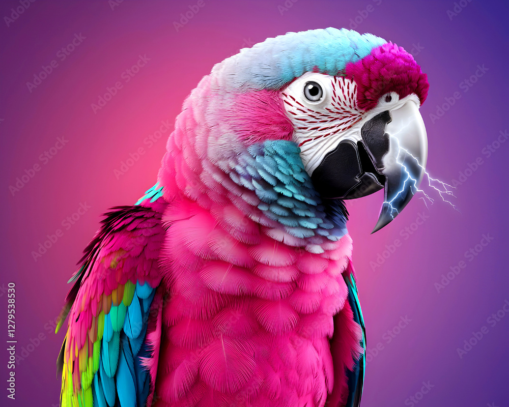 Fototapeta premium Neon lights in close-up of a wild animal. A rare and exotic speaking parrot.
