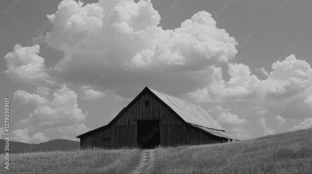 Monochrome Barn Scene: Rustic Structure Amidst Clouds Under a Vast Sky on a Serene Farm Landscape Monochrome Barn Scene: Rustic Structure Amidst Clouds Under a Vast Sky on a Serene Farm Landscape