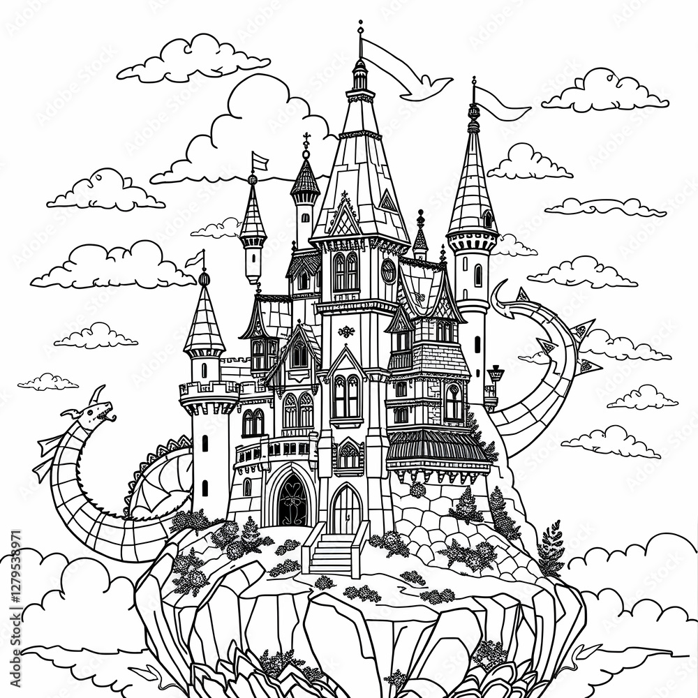 Obraz premium Fantasy Castle Whimsical Architecture Dragon Pumpkin Patch Ink Drawing Medieval Style Black and White Fairytale Landscape Art