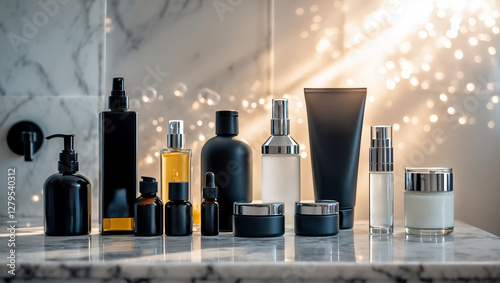 Wallpaper Mural Elegant display of skincare and beauty products arranged on a marble countertop in soft natural light Torontodigital.ca