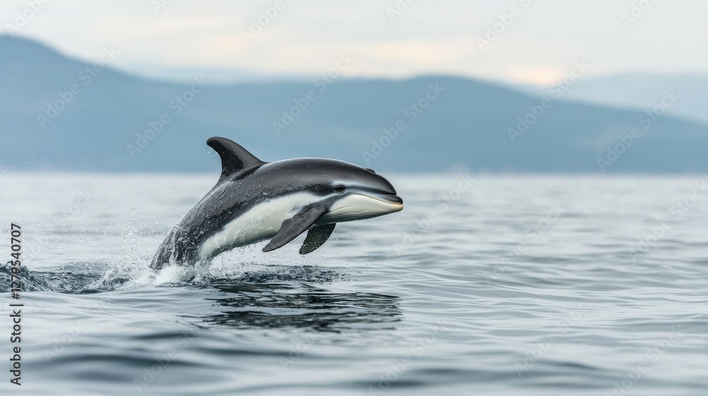 Obraz premium Playful Dolphin Leaps Above Calm Ocean Water At Dusk Near Coastline