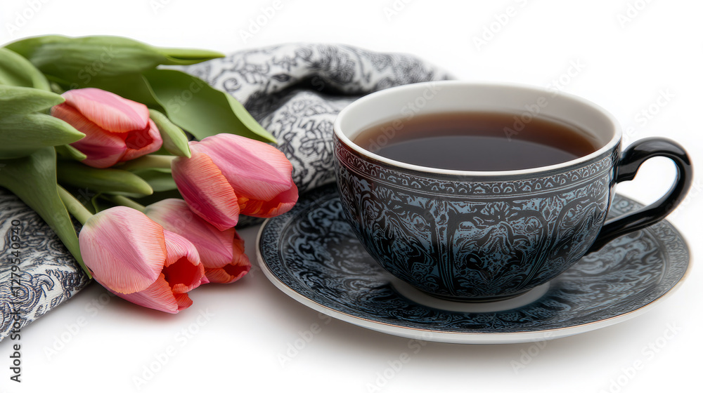 Elegant Persian tea set with intricate patterns, filled with black tea, accompanied by vibrant pink tulips and a decorative fabric, isolated on a white background. Classic tea time. Elegant Persian tea set with intricate patterns, filled with black tea, accompanied by vibrant pink tulips and a decorative fabric, isolated on a white background. Classic tea time.
