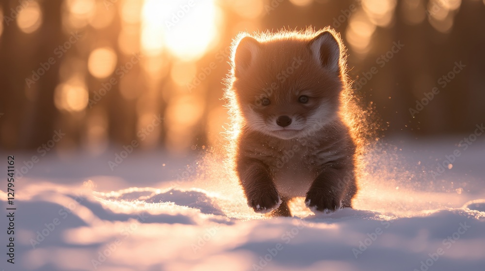Obraz premium Playful Fox Kit Running Through Snow in Soft Golden Light