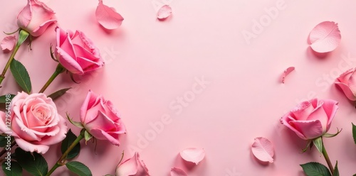 Delicate pink roses scattered on a soft pink background, pink flowers, femininity