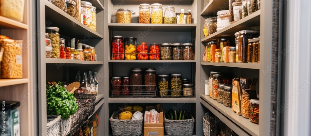 custom made wallpaper toronto digitalOrganized pantry with jars and baskets, full shelves