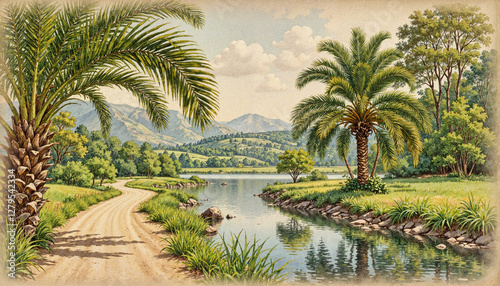 Peaceful river landscape with palm trees and mountains