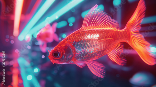 Neon Colored Goldfish in a Colorful Aquarium