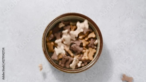 Pet food, dry dog food , bone shaped in a bowl.