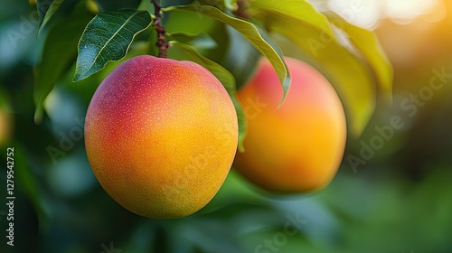 Ripe Mangoes on Tree Branch at Sunrise photo