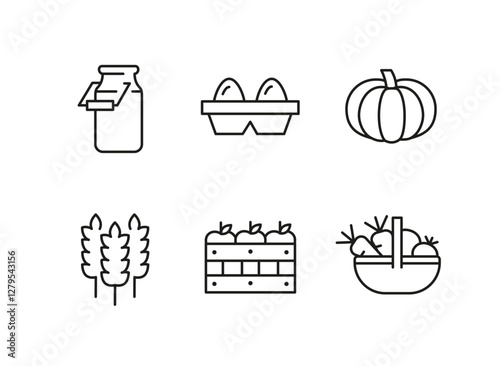 Farm icons. Set of 6 trendy minimal farm icons. Examples include Milk, Fertilizer Bag and Farmhouse icon. Design signs for web page, mobile app, and agricultural product packaging. Vector illustration