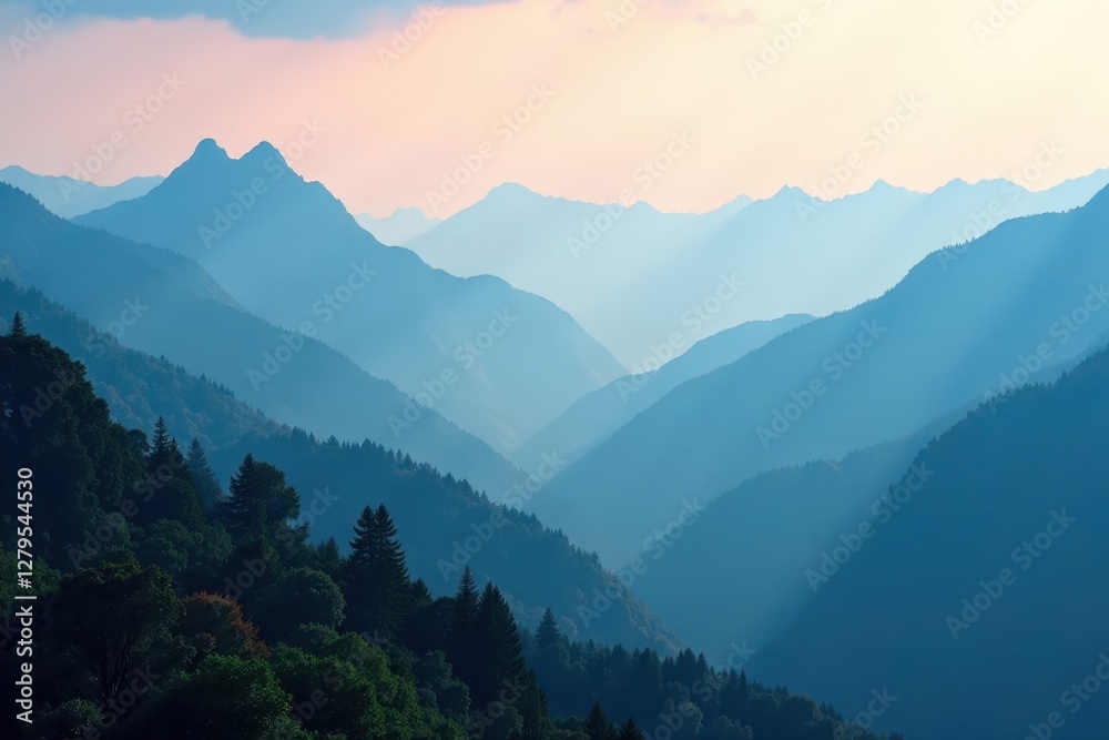 Obraz premium Layered mountain ranges fade into misty distance, serene landscape, misty peaks