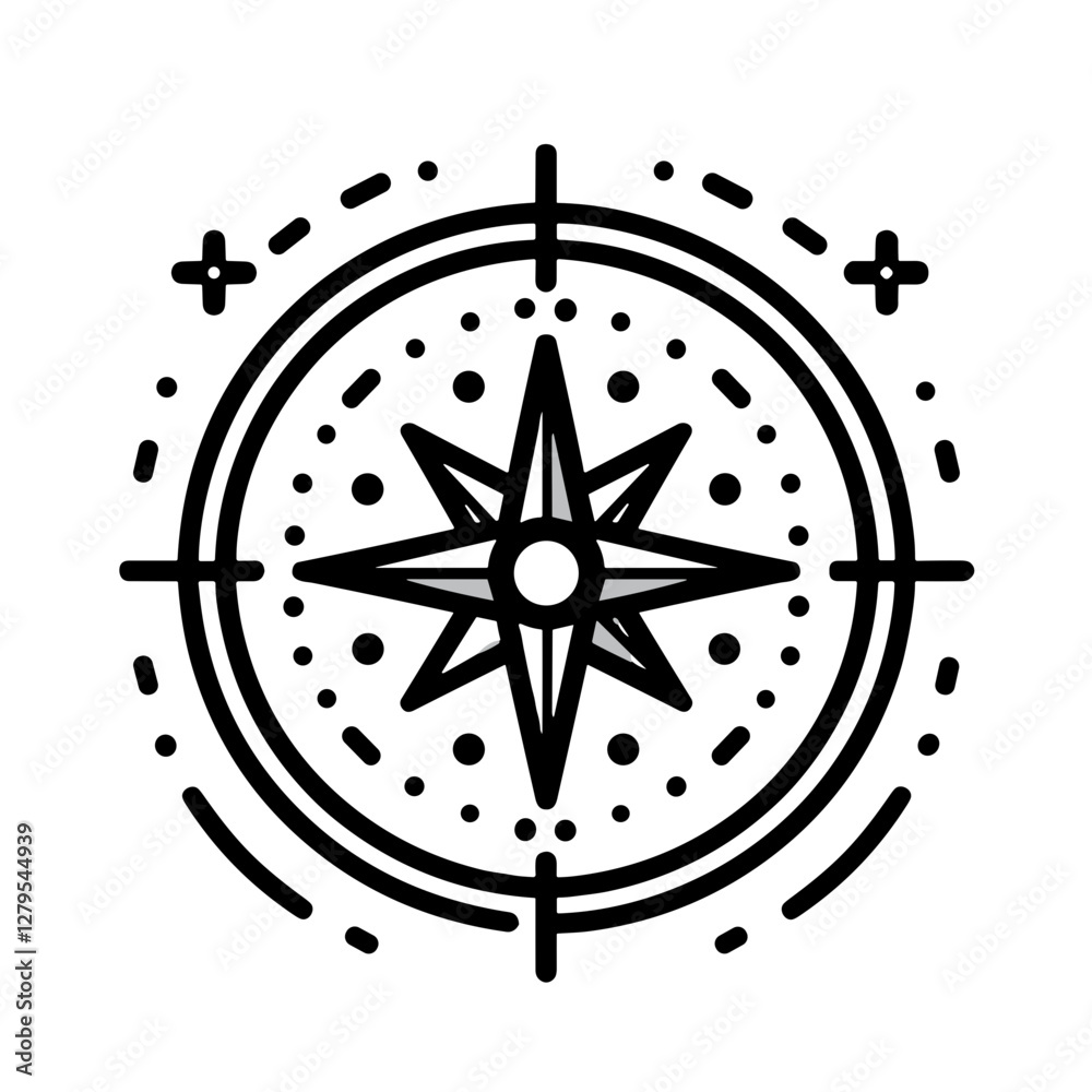 Black and white compass illustration with decorative elements