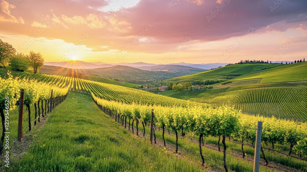 Naklejka premium Stunning sunset over a picturesque springtime vineyard in rolling green hills