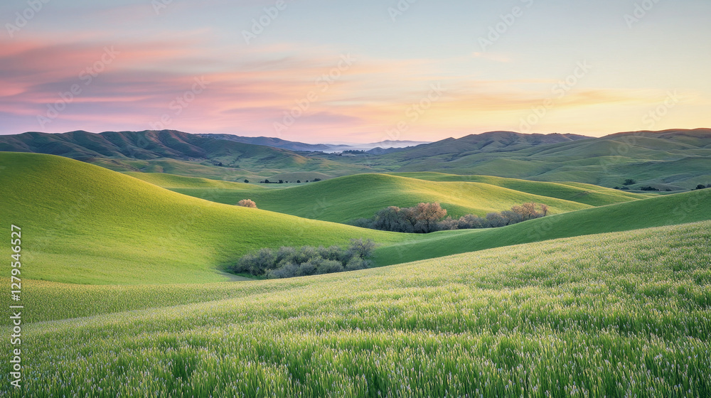 Fototapeta premium Vineyards bloom under a pastel sunset in springtime hills
