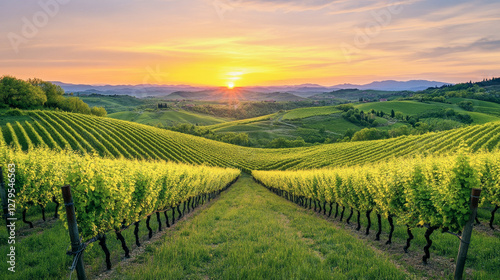 Wallpaper Mural Springtime vineyard landscape with rolling hills and pastel sunset in ultra-high-definition Torontodigital.ca