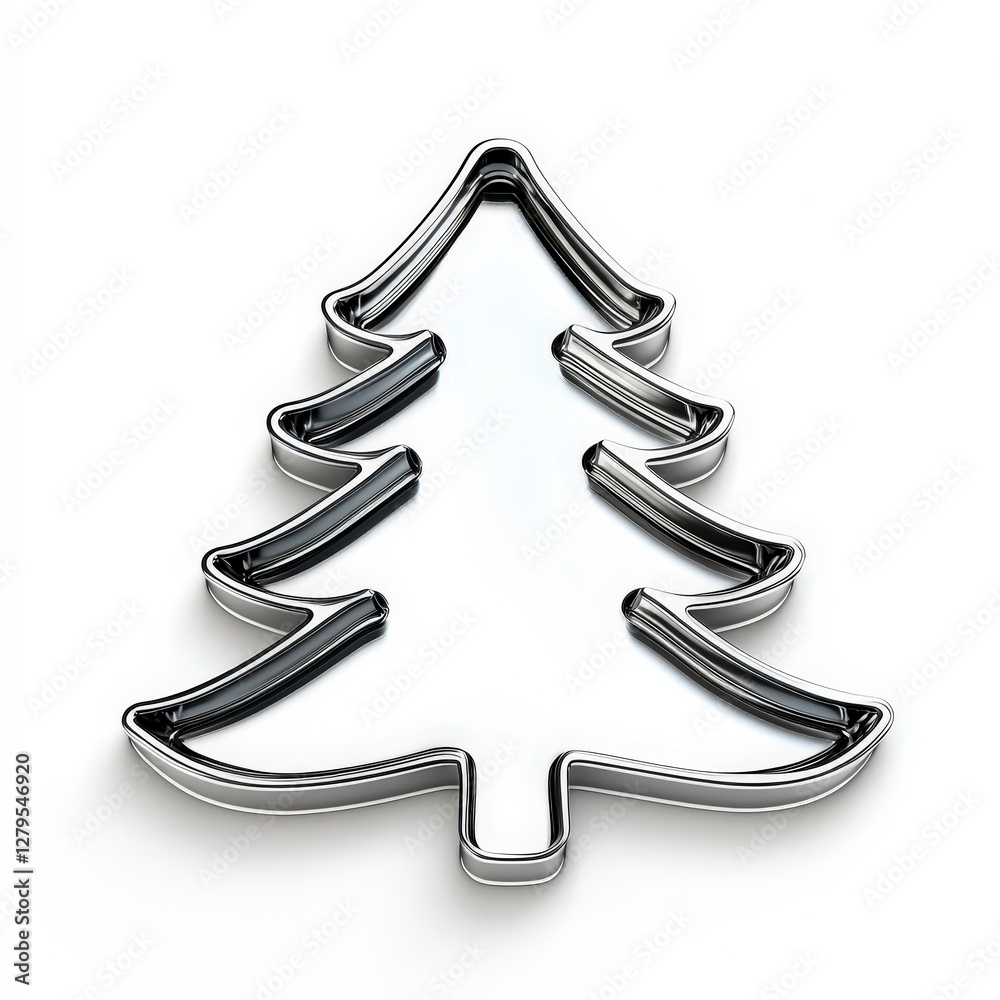 A shiny metal cookie cutter shaped like a Christmas tree, perfect for holiday baking and festive treats. A shiny metal cookie cutter shaped like a Christmas tree, perfect for holiday baking and festive treats.