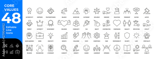 Core Values Line Editable Icons Set: responsibility justice spirituality authority humor harmony leadership peace faith equality challenge community achievement balance friendship security creativity
