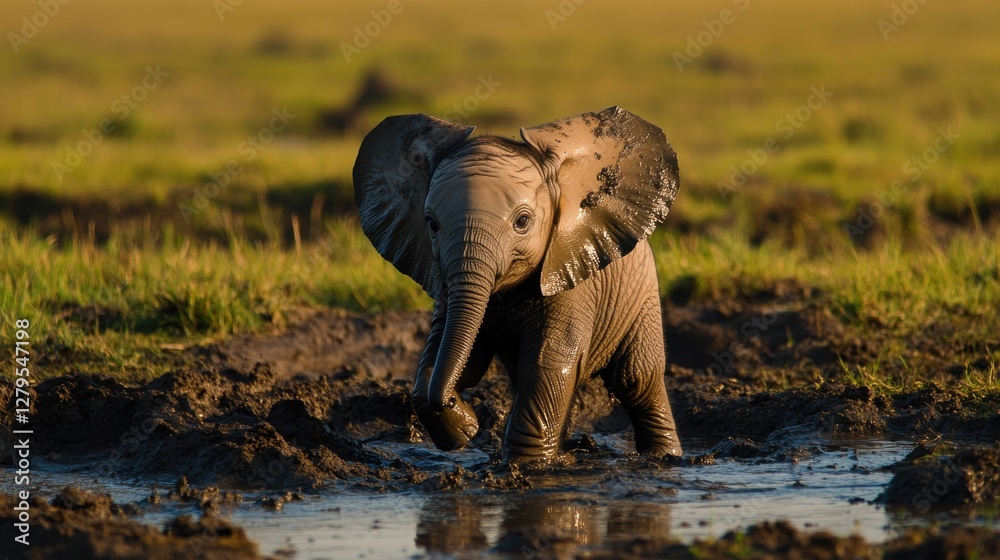 Fototapeta premium Young Elephant Playfully Splashing in Muddy Water Under Sunlight