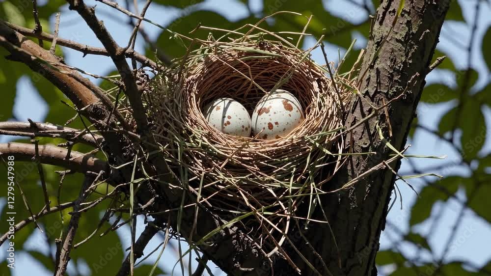 Close-up video of a bird's nest with eggs, shot from a low angle. Natural setting with sunlight filtering through leaves, highlighting the nest's texture. Close-up video of a bird's nest with eggs, shot from a low angle. Natural setting with sunlight filtering through leaves, highlighting the nest's texture.