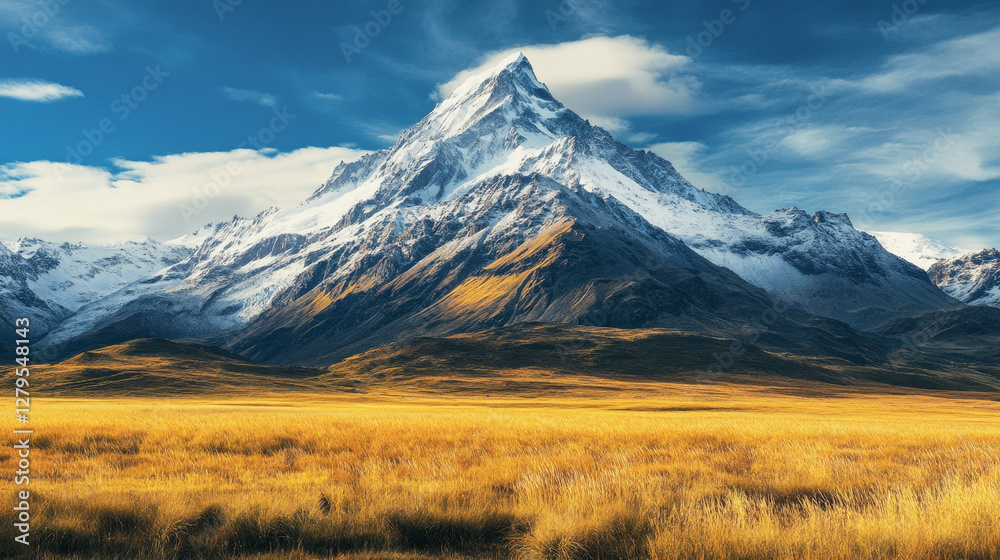 Fototapeta premium Majestic snow-covered mountain peak against a deep blue sky with golden autumn fields